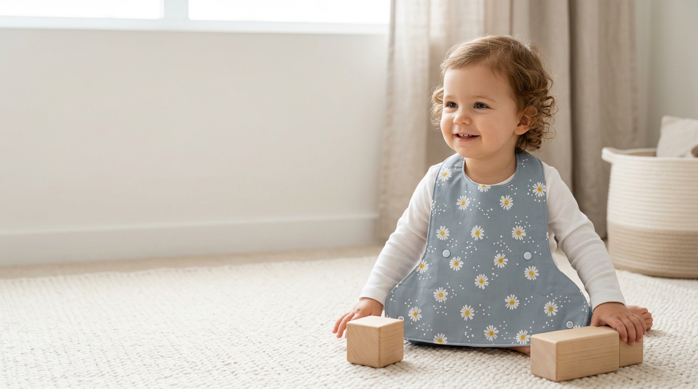 Happy toddler playing with wooden blocks while wearing the Grey Daisies Nana Bib